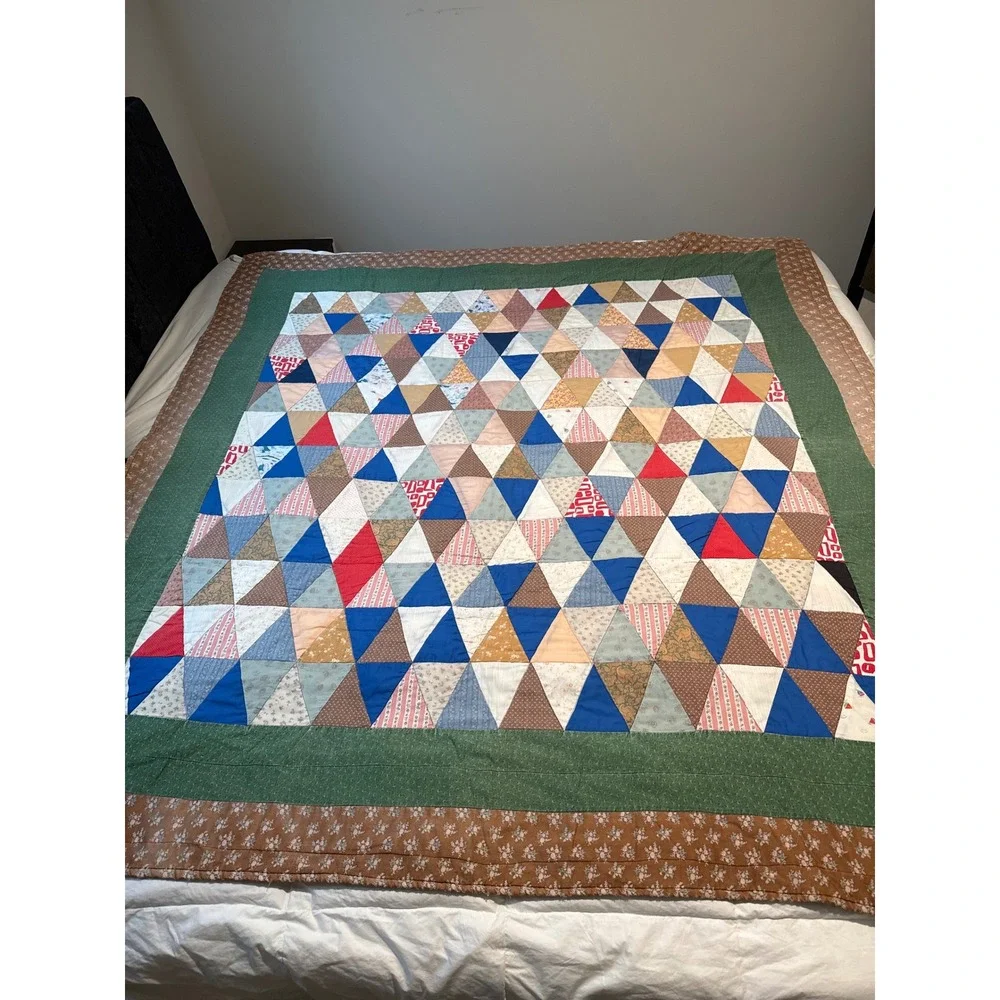 Antique Handmade Reversible Triangle Patchwork Quilt Cotton Geometric 74x72